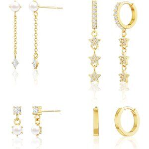 Dainty 14K Gold Plated 4 pearl chain set-GD Hoops Trendy Earring Set for Women
